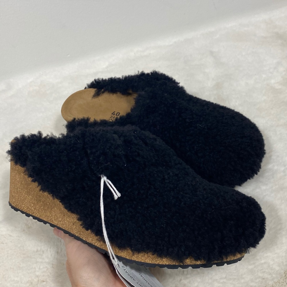Papillio Birkenstock Fanny Teddy Black Shearling‎ Wedge Mule Clog Sz 9 US 40 NEW